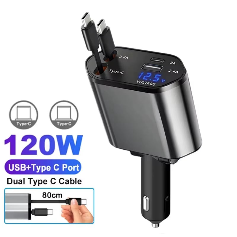 4 in 1 120W Car Charger Retractable Car Cigarette Lighter Adapter USB Type C Fast Charger Cable for Iphone Xiaomi Huawei Samsung